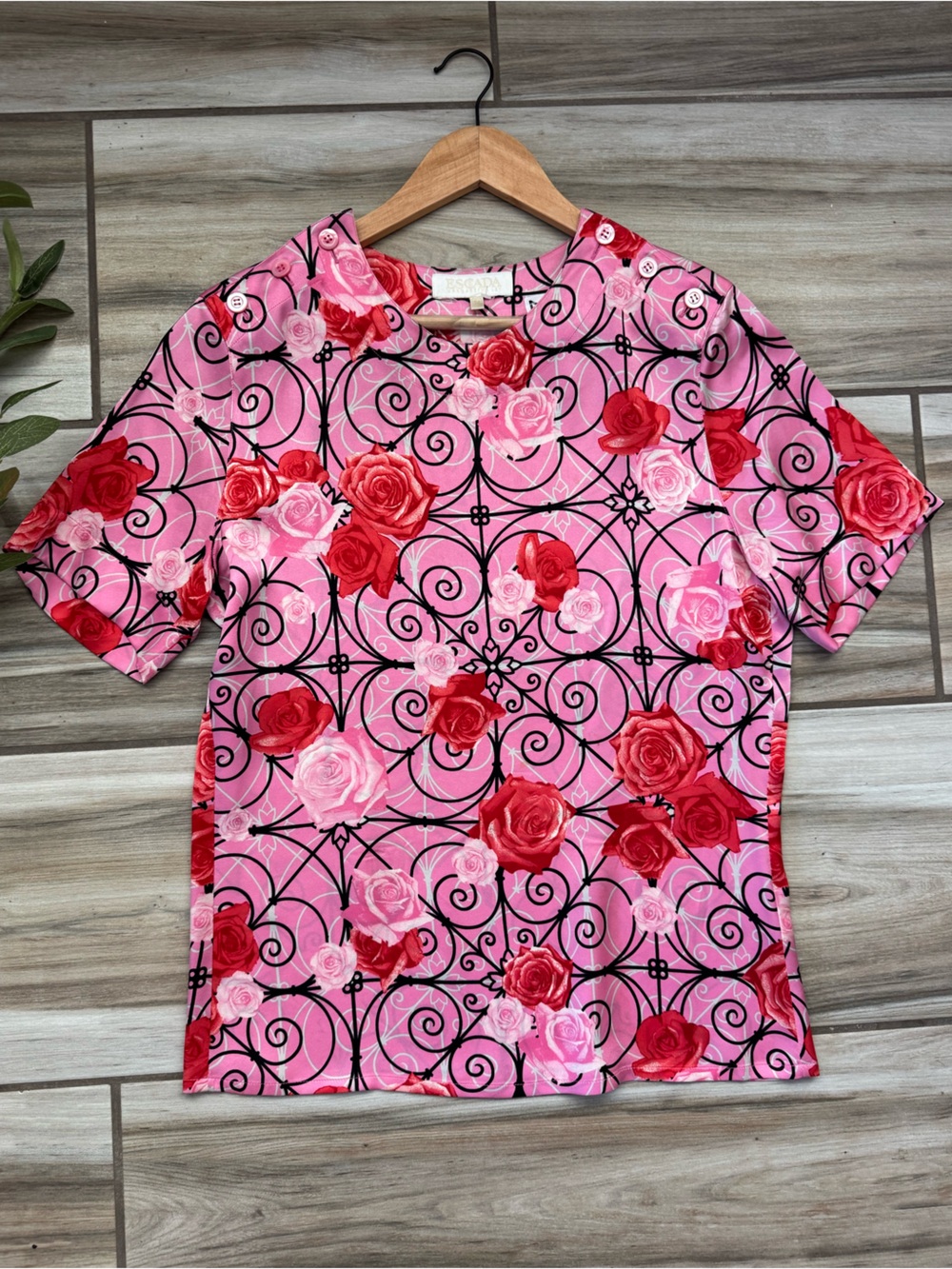 Vintage Escada Margaretha Ley Silk Rose Print Blouse Size 34 90s Art to Wear